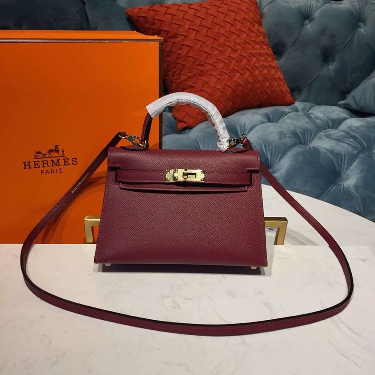 1:1 Replica Hermes Mini Kelly Burgundy For Women Gold Toned Hardware 7.5in/19cm
