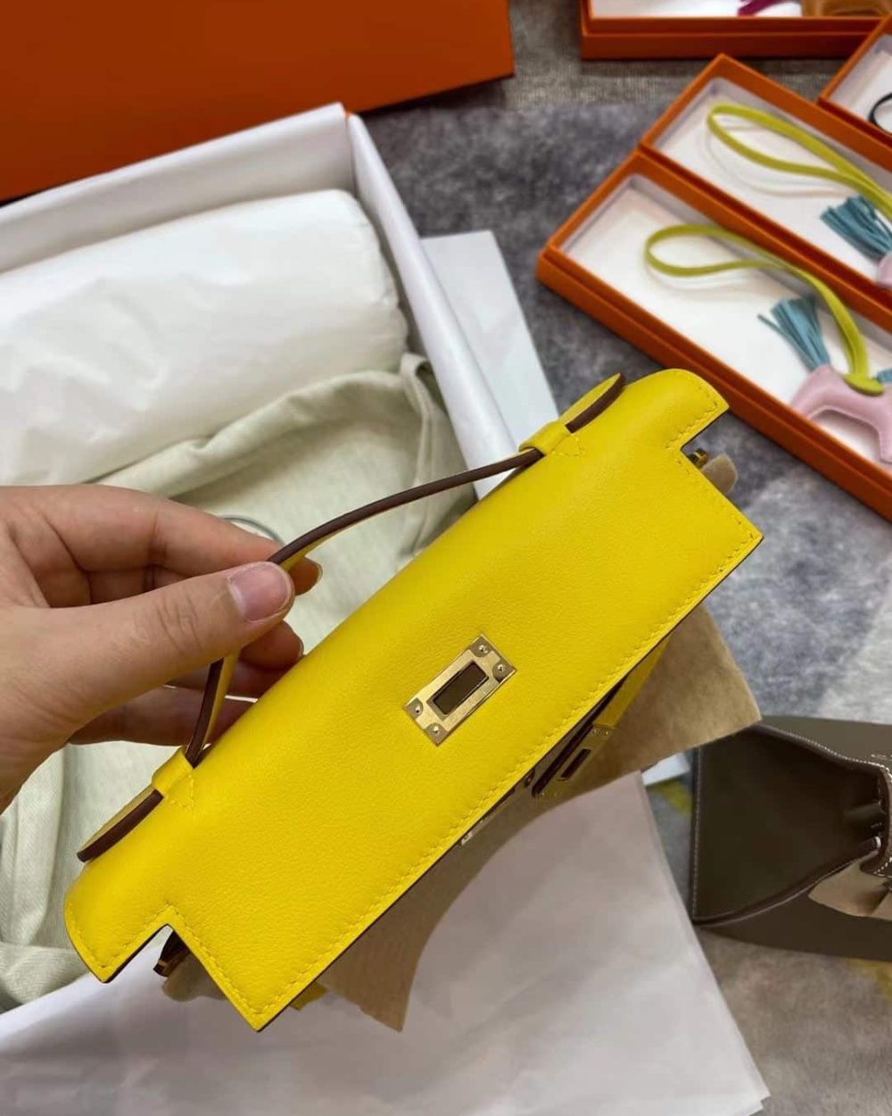 1:1 Replica Hermes Mini Kelly KP Pochette Black/Light Brown/Pink/Yellow/White For Women 22cm / 8.7in