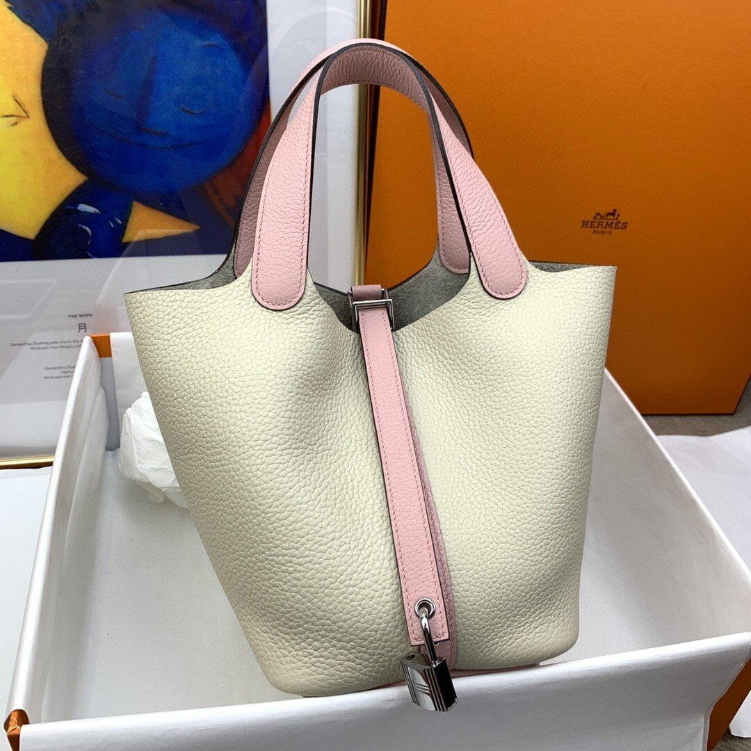 1:1 Replica Hermes Picotin Lock 18 Bag Beige/Pink With Silver-Toned Hardware For Women, Women's Handbags 7.1in/18cm