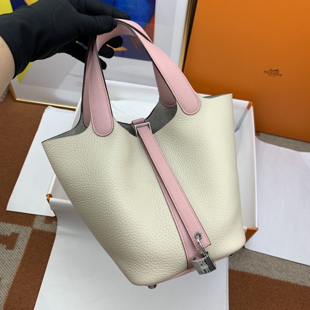 1:1 Replica Hermes Picotin Lock 18 Bag Beige/Pink With Silver-Toned Hardware For Women, Women's Handbags 7.1in/18cm - Image 9