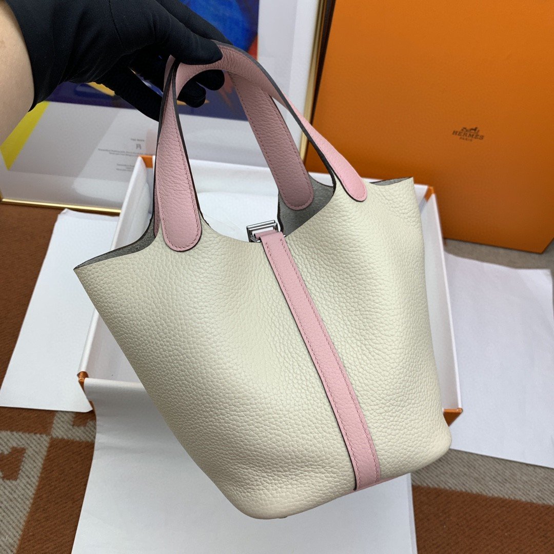 1:1 Replica Hermes Picotin Lock 18 Bag Beige/Pink With Silver-Toned Hardware For Women, Women's Handbags 7.1in/18cm - Image 6