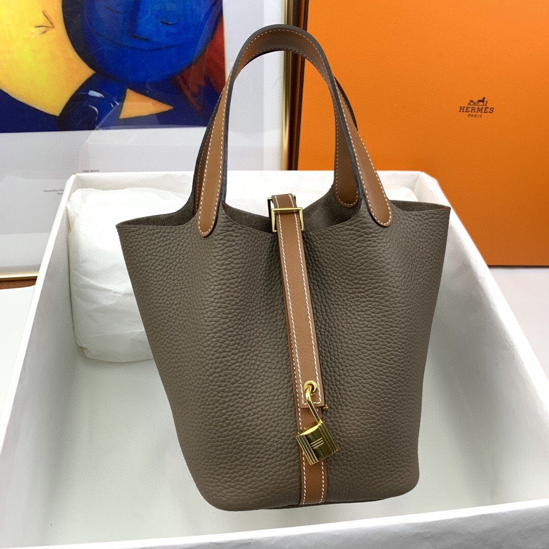 1:1 Replica Hermes Picotin Lock 18 Bag Etoupe/Brown With Gold-Toned Hardware For Women, Women's Handbags 7.1in/18cm