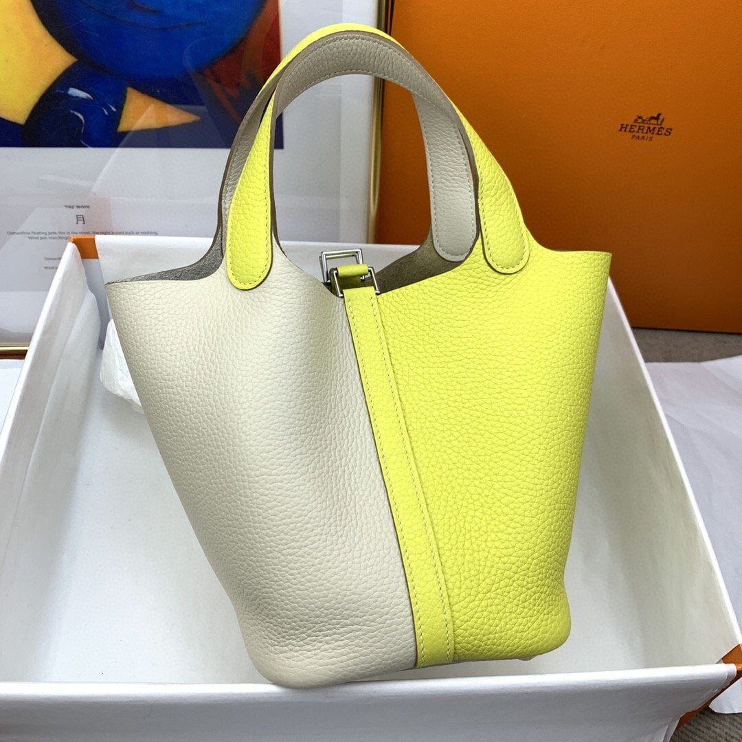 1:1 Replica Hermes Picotin Lock 18 Bag White/Yellow With Silver-Toned Hardware For Women, Women's Handbags 7.1in/18cm