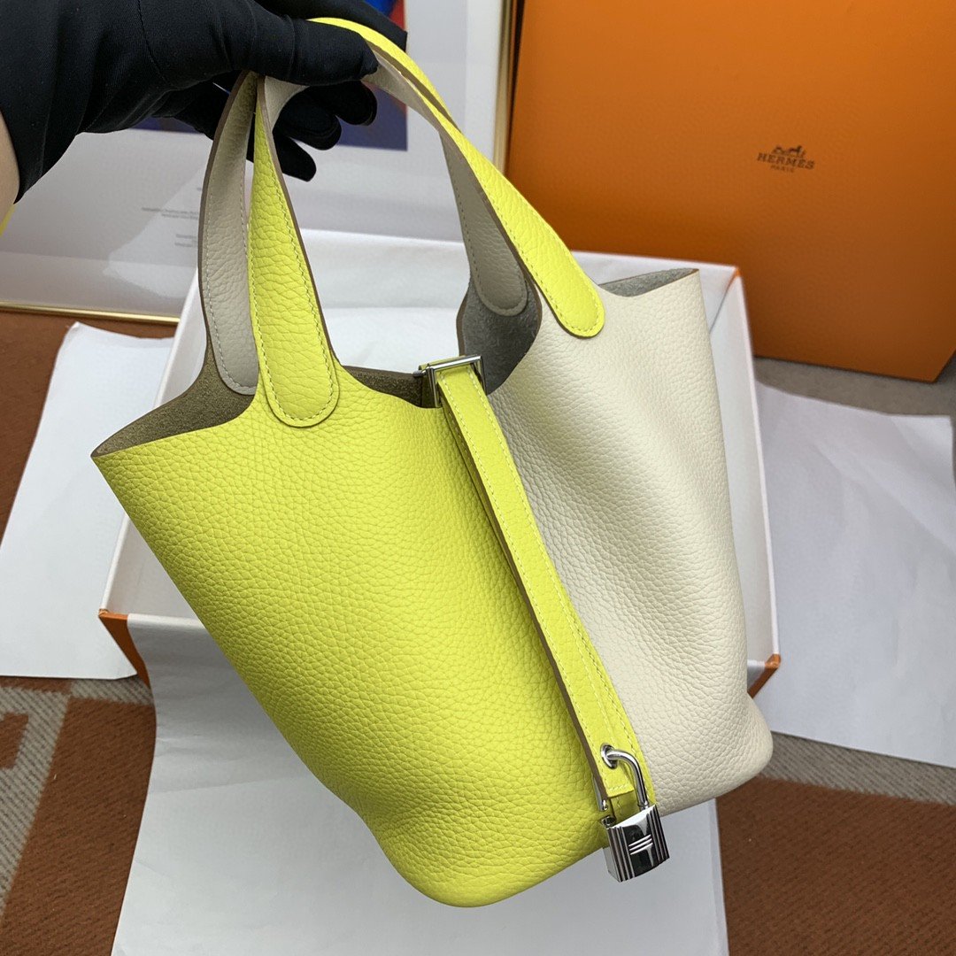 1:1 Replica Hermes Picotin Lock 18 Bag White/Yellow With Silver-Toned Hardware For Women, Women's Handbags 7.1in/18cm - Image 3