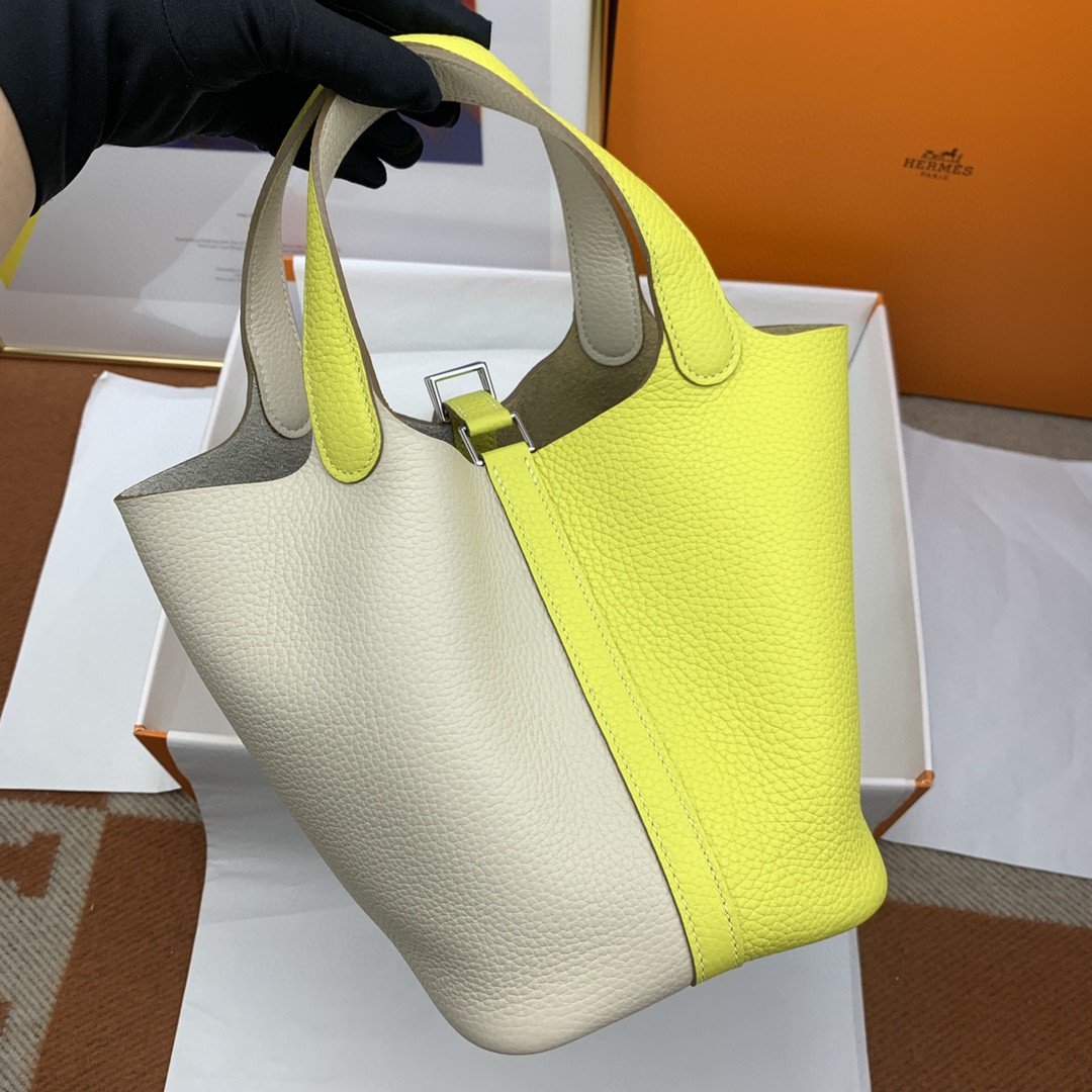 1:1 Replica Hermes Picotin Lock 18 Bag White/Yellow With Silver-Toned Hardware For Women, Women's Handbags 7.1in/18cm - Image 9