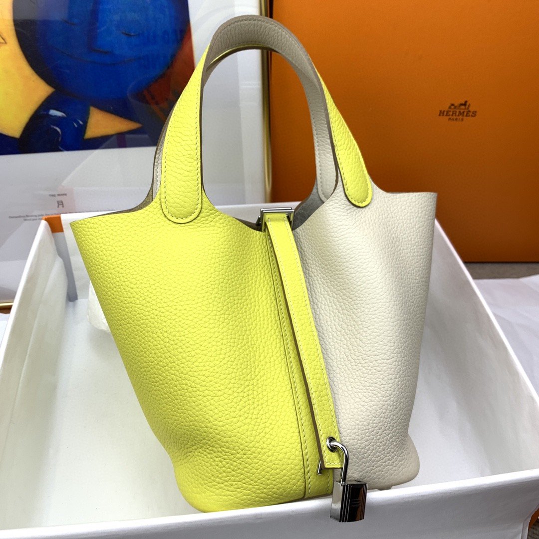 1:1 Replica Hermes Picotin Lock 18 Bag White/Yellow With Silver-Toned Hardware For Women, Women's Handbags 7.1in/18cm - Image 6