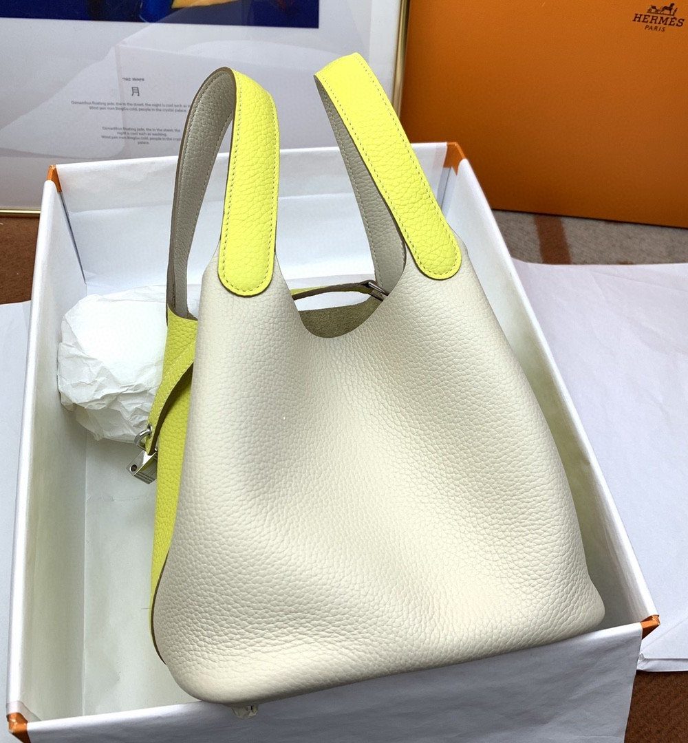 1:1 Replica Hermes Picotin Lock 18 Bag White/Yellow With Silver-Toned Hardware For Women, Women's Handbags 7.1in/18cm
