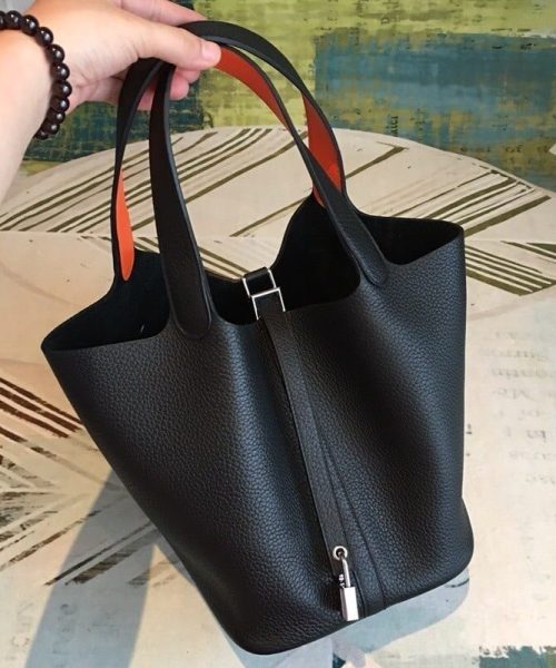 1:1 Replica Hermes Picotin Lock 18 Black Clemence Palladium Hardware For Women 7.5in/19cm