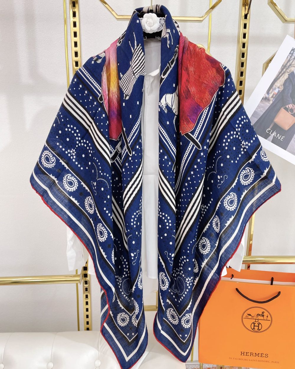 Hermes Silk Square Multiciolor Flower in Blue Scarf 140cm/55in 