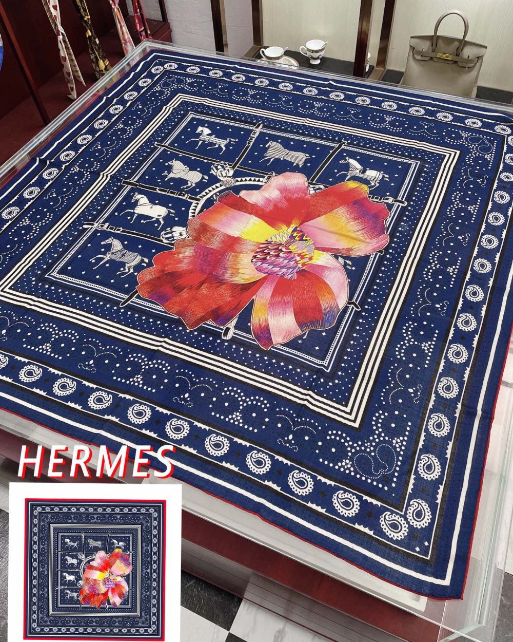 Hermes Silk Square Multiciolor Flower in Blue Scarf 140cm/55in 