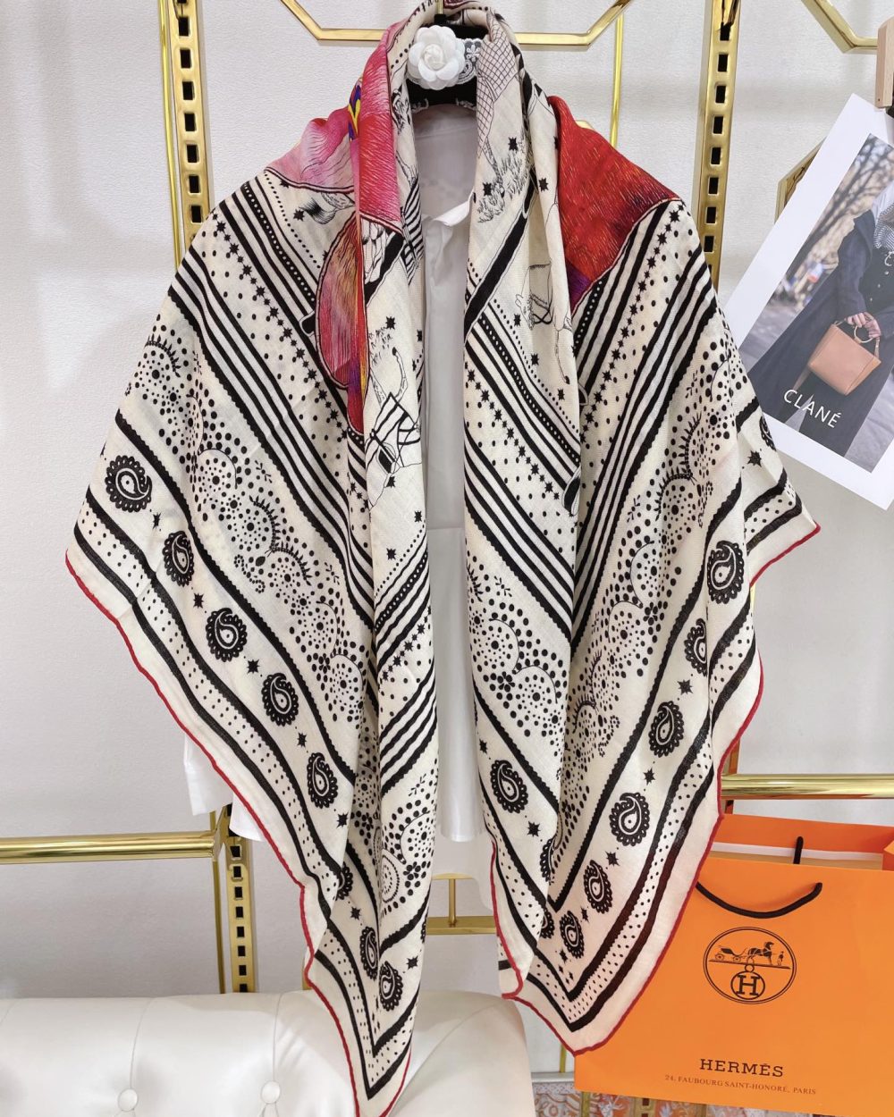 Hermes Silk Square Multiciolor Flower in White Scarf 140cm/55in 