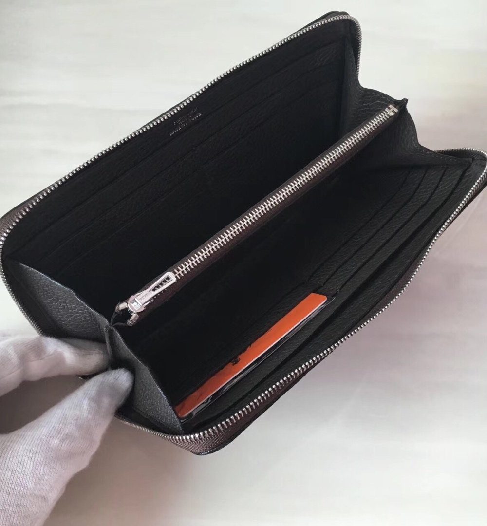1:1 Replica Hermes Silk'In Classique Long Wallet 20cm /7.9in Silver Toned Hardware For Women Black