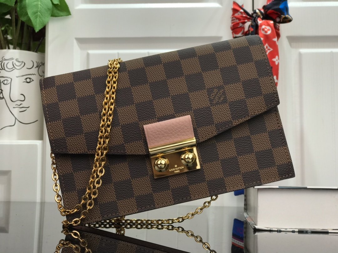 1:1 Replica Louis Vuitton Croisette Chain Wallet Damier Ebene Canvas Magnolia Pink For Women, Women's Wallet 8.3in/21cm LV N60287