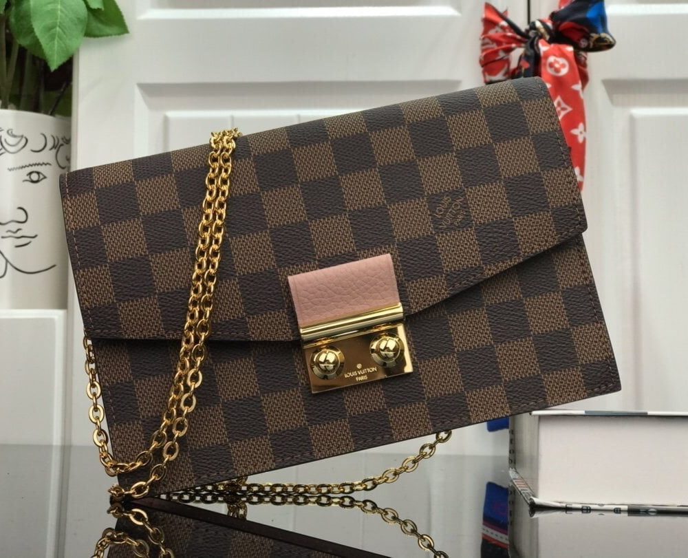 1:1 Replica Louis Vuitton Croisette Chain Wallet Damier Ebene Canvas Magnolia Pink For Women, Women's Wallet 8.3in/21cm LV N60287
