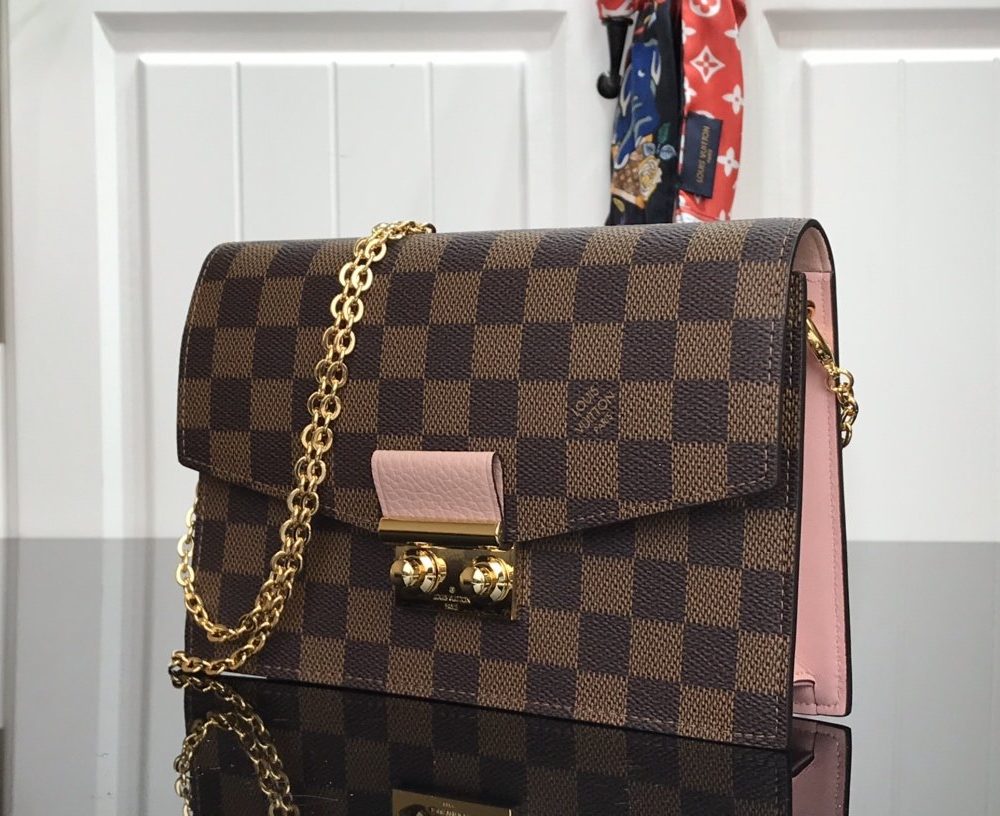 1:1 Replica Louis Vuitton Croisette Chain Wallet Damier Ebene Canvas Magnolia Pink For Women, Women's Wallet 8.3in/21cm LV N60287