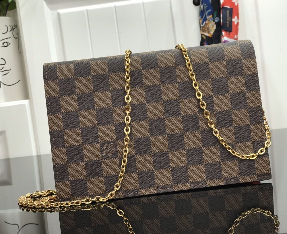 1:1 Replica Louis Vuitton Croisette Chain Wallet Damier Ebene Canvas Scarlet Red For Women, Women's Wallet 8.3in/21cm LV N60288