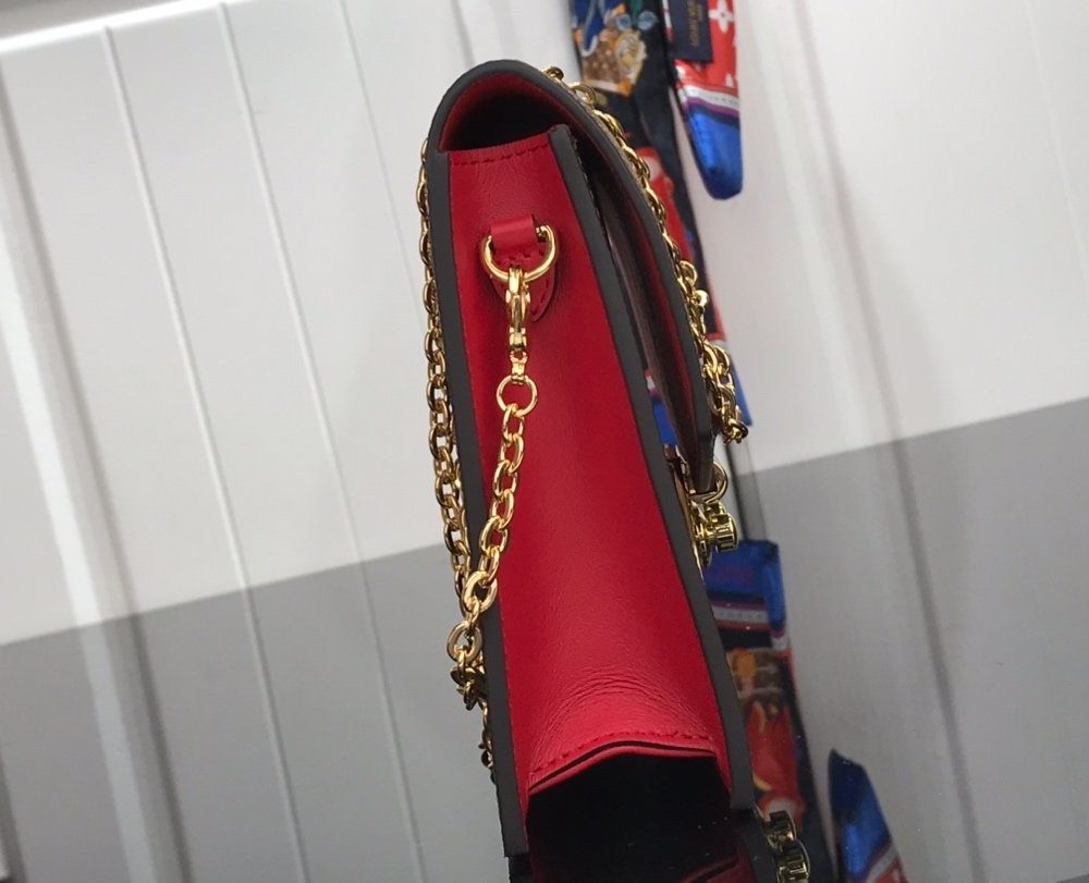 1:1 Replica Louis Vuitton Croisette Chain Wallet Damier Ebene Canvas Scarlet Red For Women, Women's Wallet 8.3in/21cm LV N60288