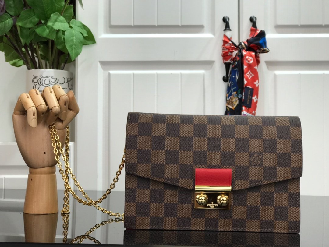 1:1 Replica Louis Vuitton Croisette Chain Wallet Damier Ebene Canvas Scarlet Red For Women, Women's Wallet 8.3in/21cm LV N60288