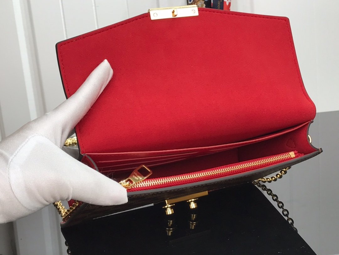1:1 Replica Louis Vuitton Croisette Chain Wallet Damier Ebene Canvas Scarlet Red For Women, Women's Wallet 8.3in/21cm LV N60288 - Image 6