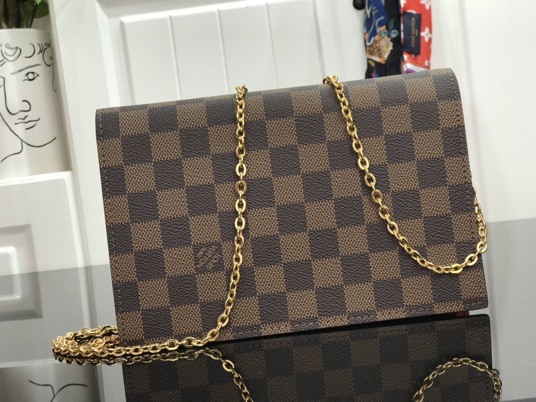 1:1 Replica Louis Vuitton Croisette Chain Wallet Damier Ebene Canvas Scarlet Red For Women, Women's Wallet 8.3in/21cm LV N60288 - Image 2