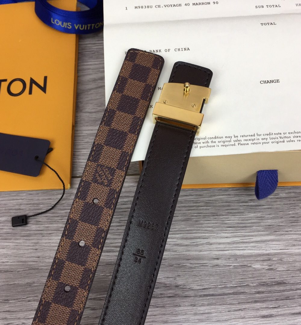 1:1 Replica Louis Vuitton Iconic Reversible LV Belt Damier Brown Black With Gold Metal Buckle LV Women Belt