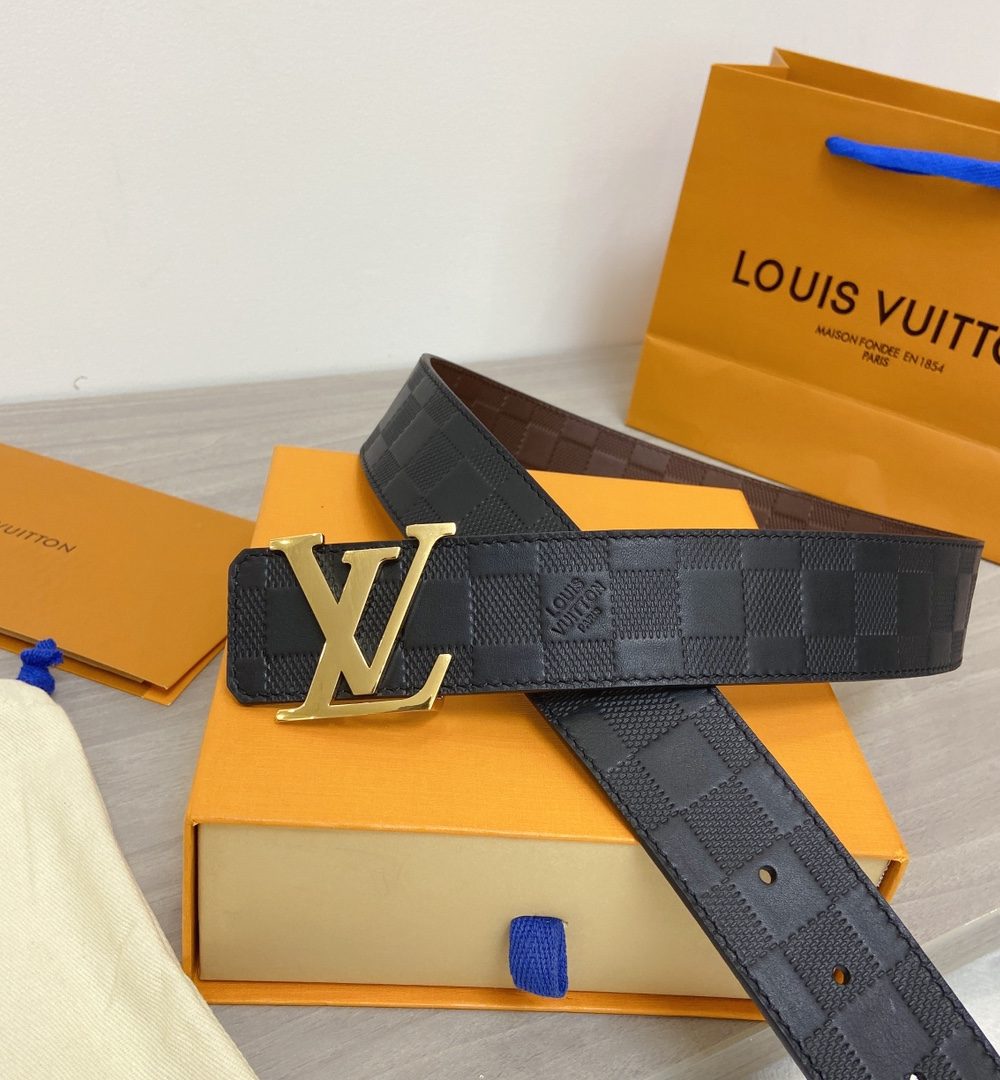 1:1 Replica Louis Vuitton Initiales LV Belt in Damier Embossed with Gold Toned Hardware LV Women Belt LV