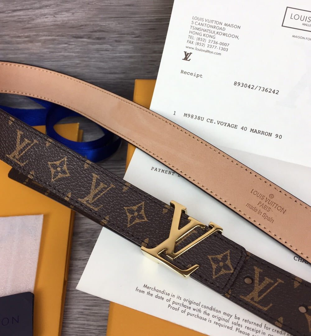 1:1 Replica Louis Vuitton Initiales LV Belt Monogram Canvas Brown With Gold Metal Buckle LV Women Belt
