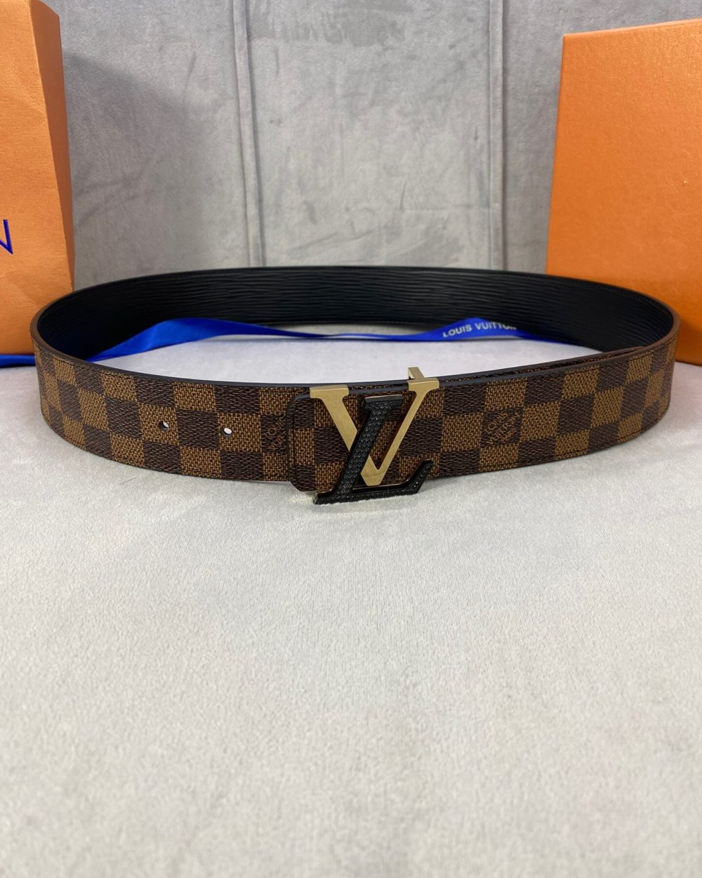 1:1 Replica Louis Vuitton Initiales Reversible LV Belt Damier Ebene Canvas with Black/Gold Toned Hardware LV Women Belt