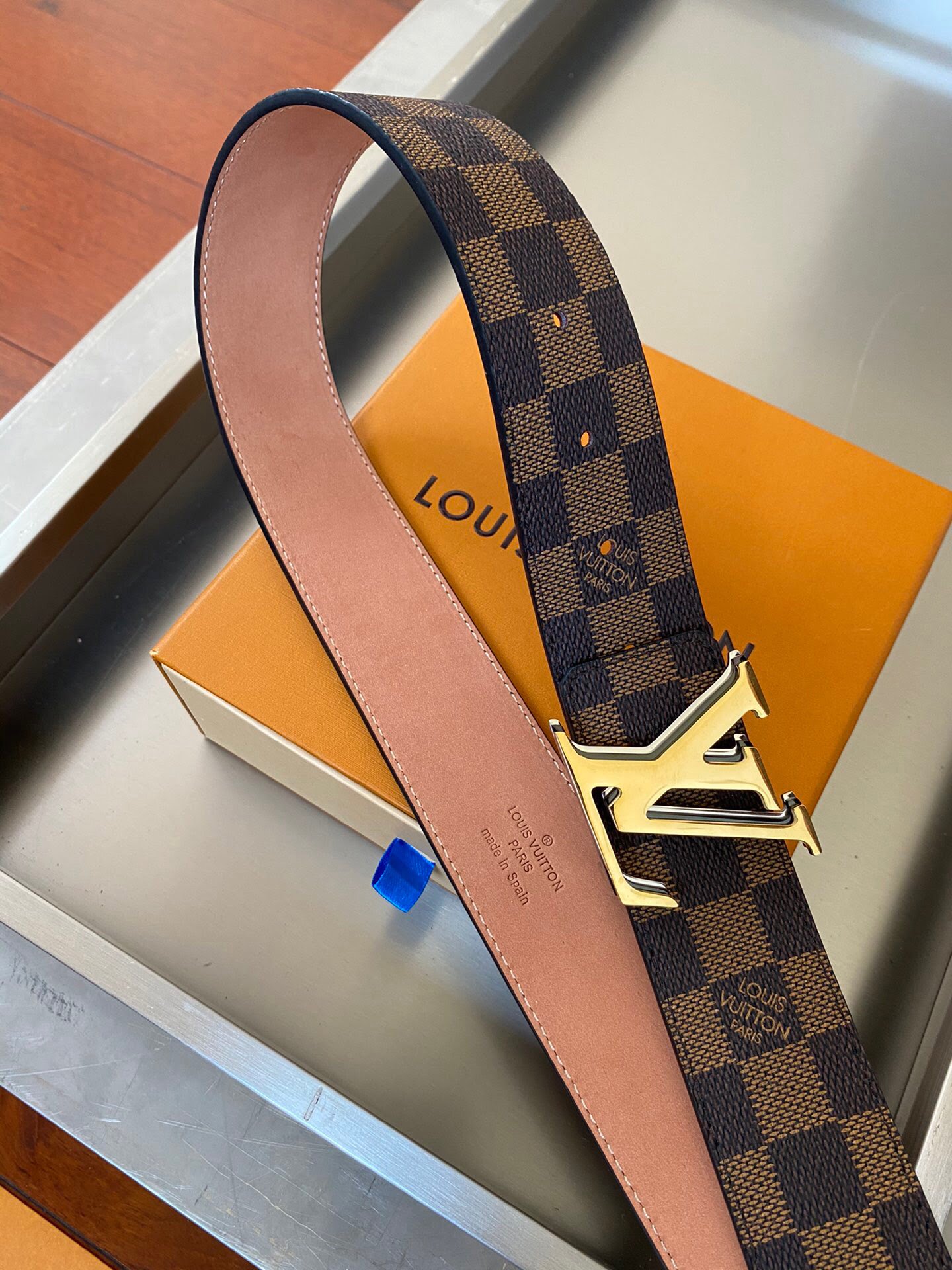 1:1 Replica Louis Vuitton Initiales Reversible LV Belt with Damier Ebene Canvas Gold Toned Hardware LV Women Belt