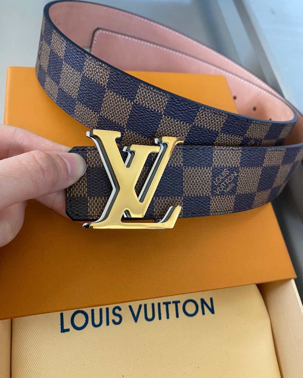 1:1 Replica Louis Vuitton Initiales Reversible LV Belt with Damier Ebene Canvas Gold Toned Hardware LV Women Belt