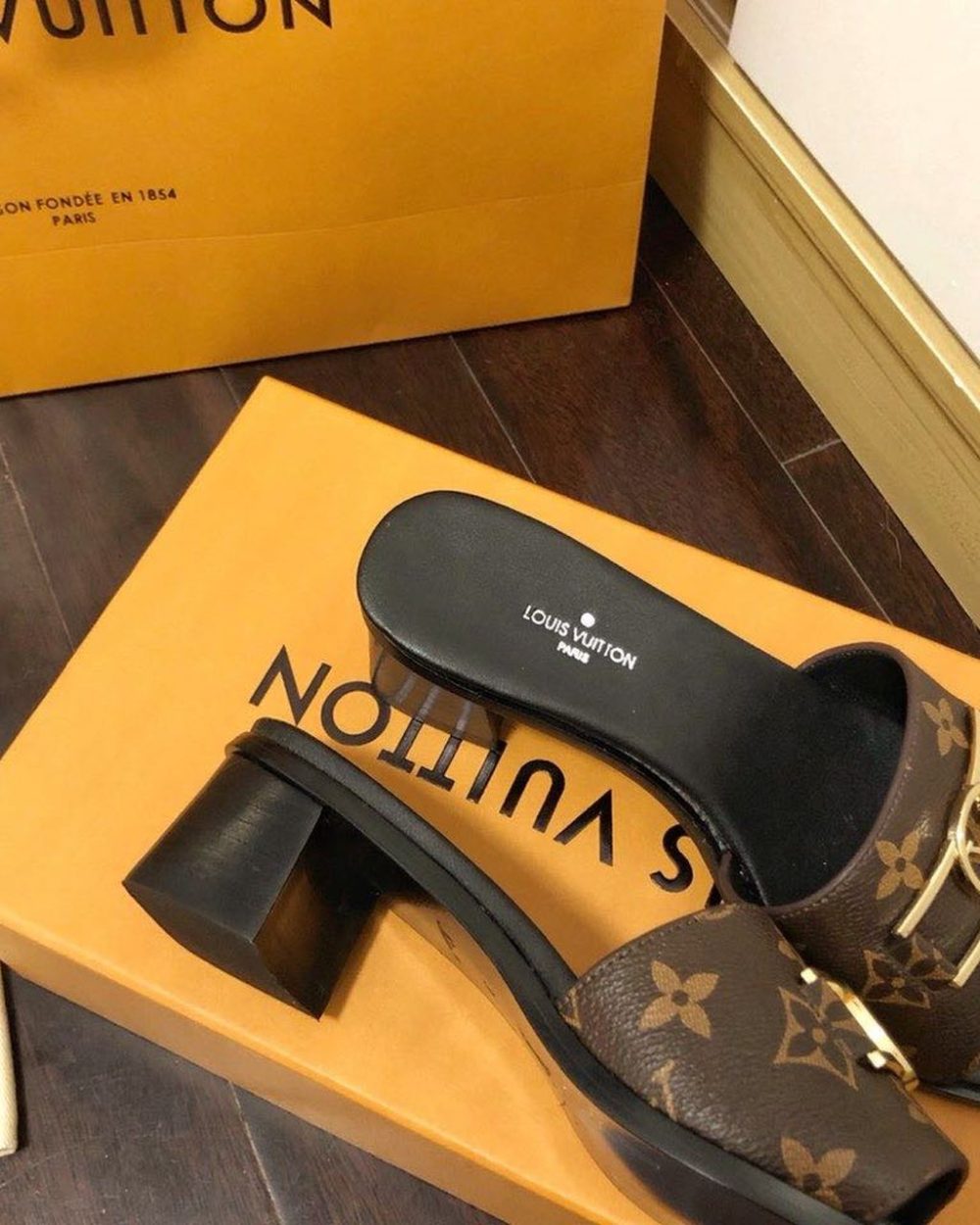 Louis Vuitton Lock It Mule Patent Monogram Canvas Black/Brown For Women LV 1A660F