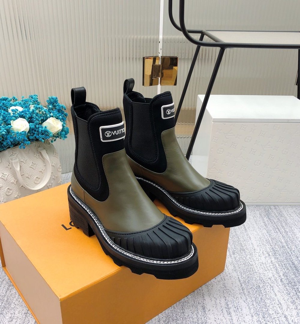 Louis Vuitton LV Beaubourg Ankle Boot Neoprene Khaki Green For Women LV 1A9GYT