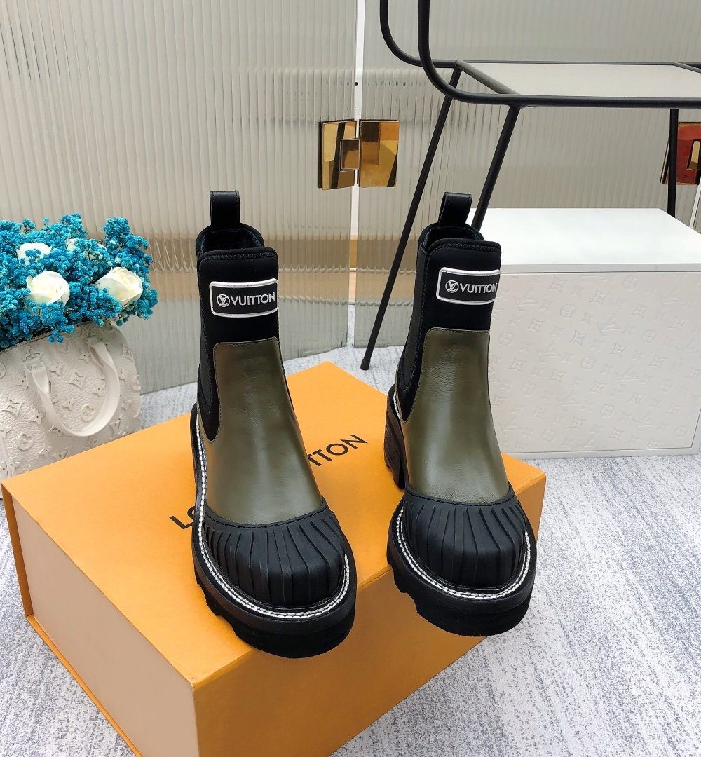 Louis Vuitton LV Beaubourg Ankle Boot Neoprene Khaki Green For Women LV 1A9GYT