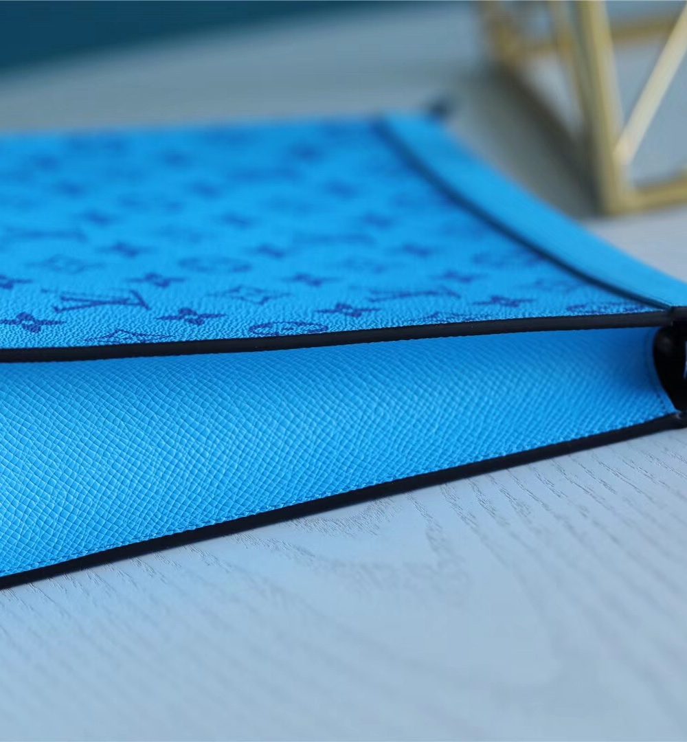 1:1 Replica Louis Vuitton Pochette Voyage MM Taiga and Monogram Eclipse Canvas Blue For Women, Women's Wallets 10.6in/27cm LV