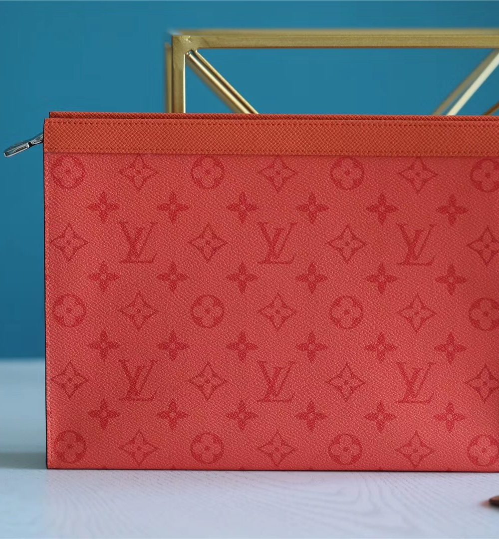 1:1 Replica Louis Vuitton Pochette Voyage MM Taiga and Monogram Eclipse Canvas Red For Women, Women's Wallets 10.6in/27cm LV