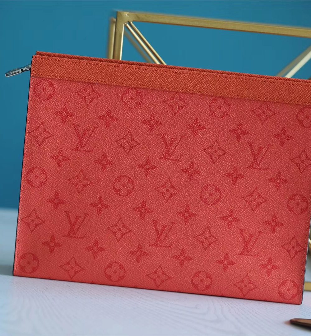 1:1 Replica Louis Vuitton Pochette Voyage MM Taiga and Monogram Eclipse Canvas Red For Women, Women's Wallets 10.6in/27cm LV