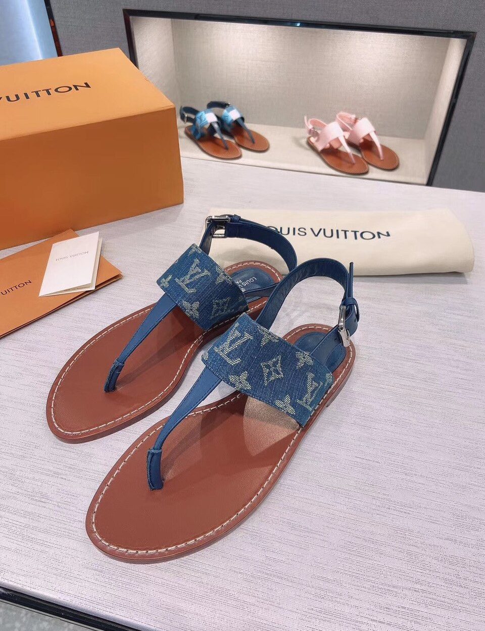 Louis Vuitton Starboard Flat Thong Sandal Monogram Denim Blue For Women LV 1A7RDP