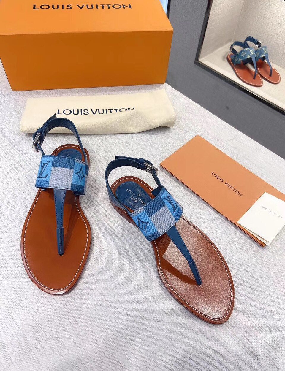 Louis Vuitton Starboard Flat Thong Sandal Monogram Denim Blue For Women LV