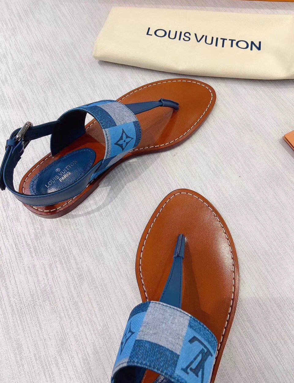 Louis Vuitton Starboard Flat Thong Sandal Monogram Denim Blue For Women LV