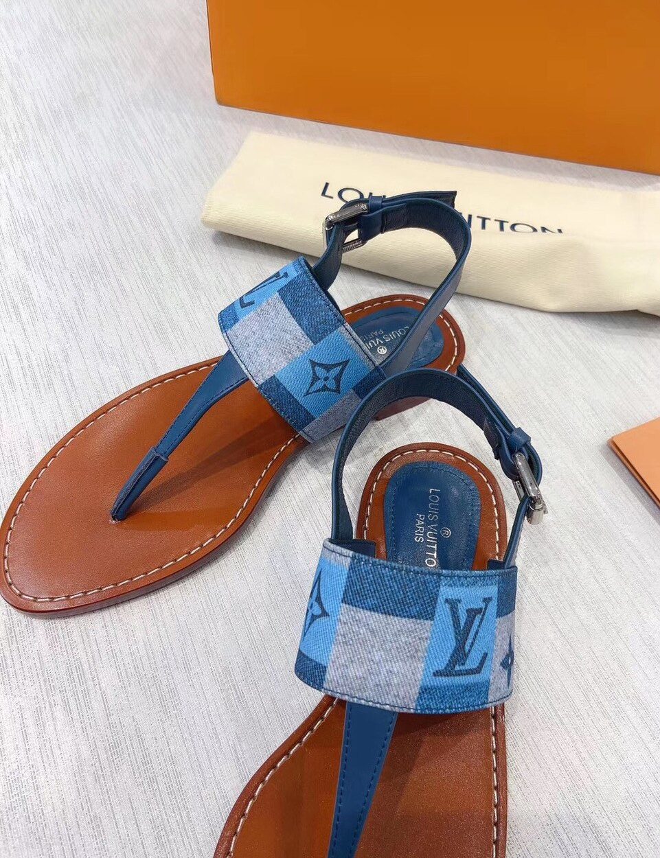 Louis Vuitton Starboard Flat Thong Sandal Monogram Denim Blue For Women LV