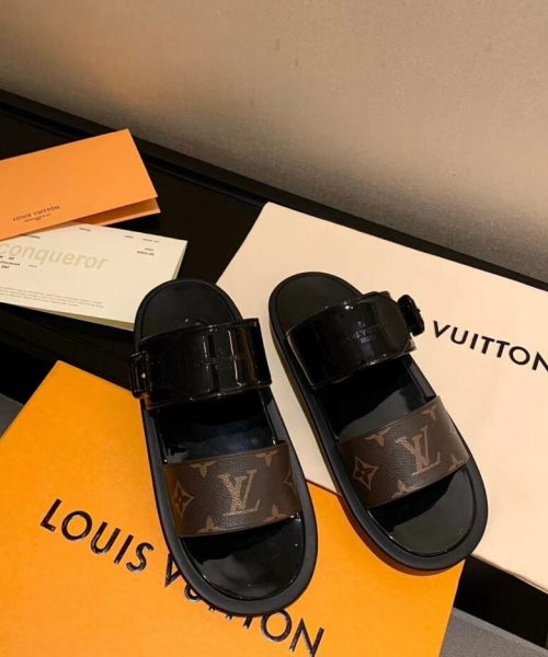 Louis Vuitton Sunbath Flat Mule Shiny Rubber Black For Women LV