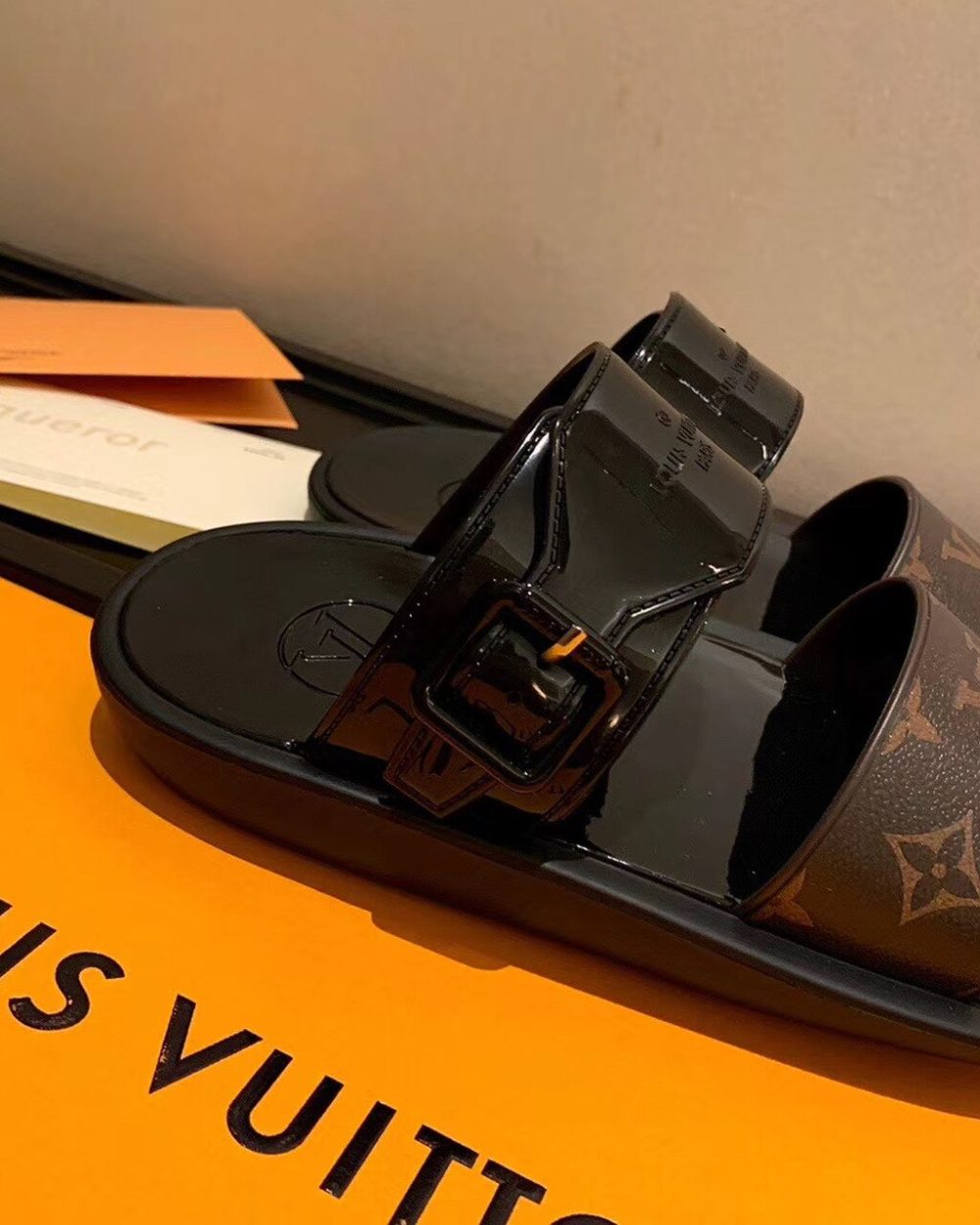 Louis Vuitton Sunbath Flat Mule Shiny Rubber Black For Women LV