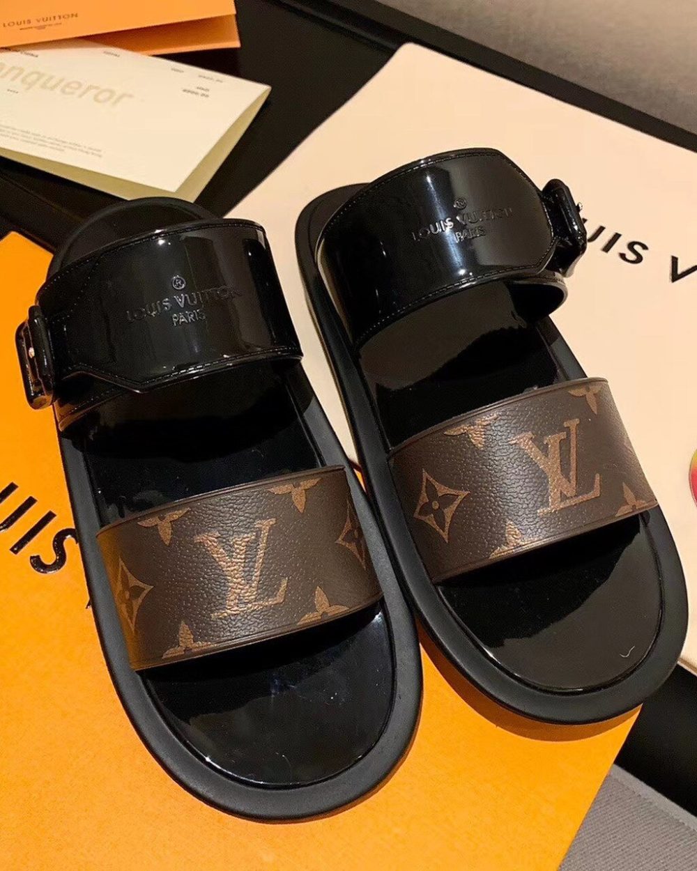 Louis Vuitton Sunbath Flat Mule Shiny Rubber Black For Women LV