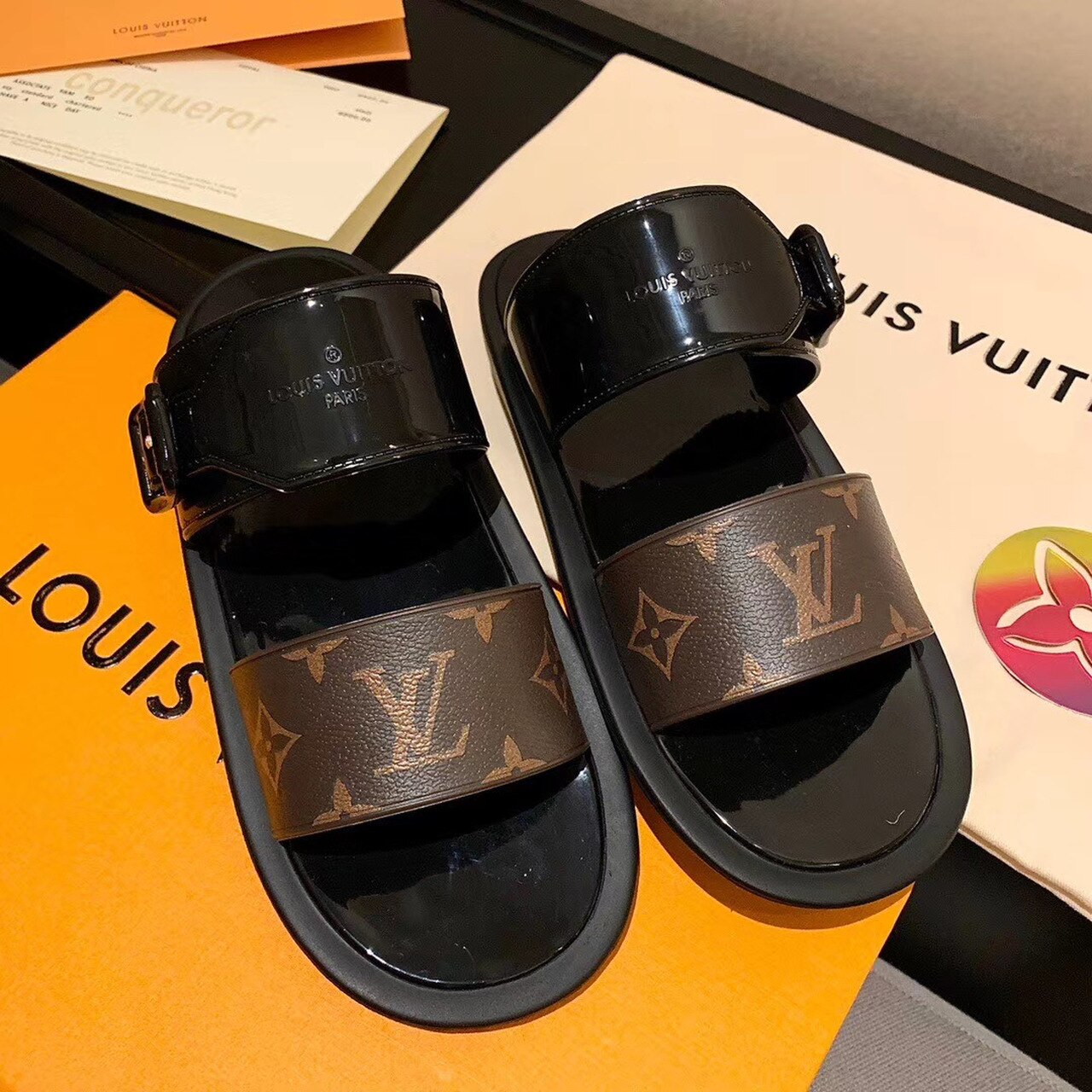Louis Vuitton Sunbath Flat Mule Shiny Rubber Black For Women LV - Image 7