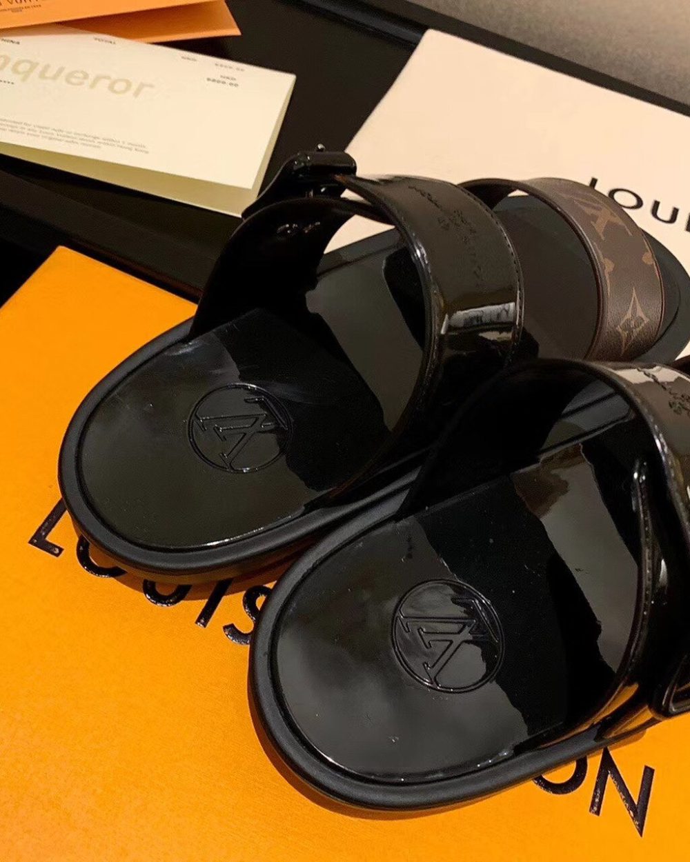 Louis Vuitton Sunbath Flat Mule Shiny Rubber Black For Women LV