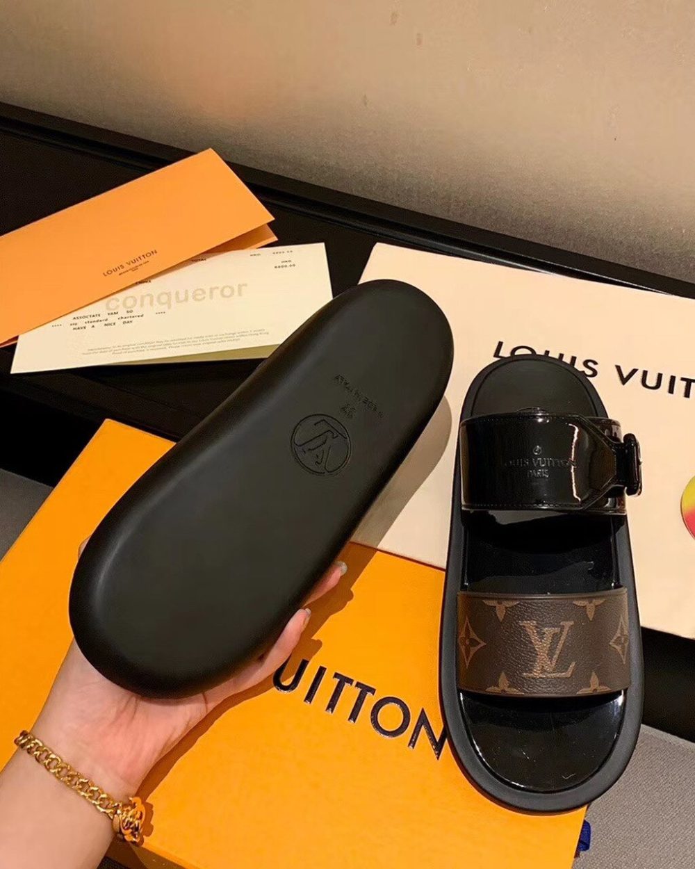 Louis Vuitton Sunbath Flat Mule Shiny Rubber Black For Women LV