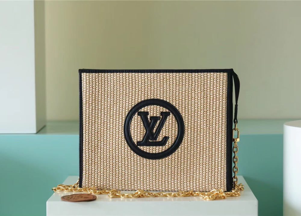 1:1 Replica Louis Vuitton Toiletry Pouch on Chain Raffia Natural /Black For Women, Women's Wallets 9.8in/25cm LV M81366