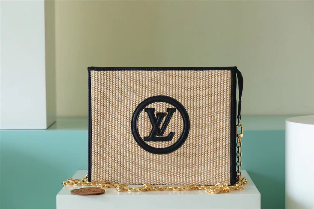 1:1 Replica Louis Vuitton Toiletry Pouch on Chain Raffia Natural /Black For Women, Women's Wallets 9.8in/25cm LV M81366