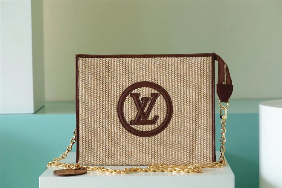 1:1 Replica Louis Vuitton Toiletry Pouch on Chain Raffia Natural /Ceramel Brown For Women, Women's Wallets 9.8in/25cm LV