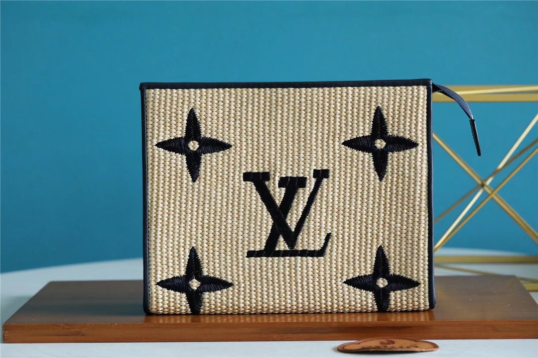 1:1 Replica Louis Vuitton Toiletry Pouch Raffia Natural /Black For Women, Women's Wallets 9.8in/25cm LV